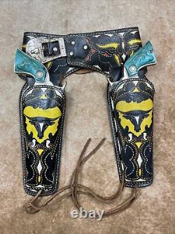 Vintage 40s/50s Hubley Cap Guns withTooled Painted Leather Holster Western Toy