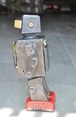 Vintage Battery Brown & Black Litho Unique Shooting Gun Robot Tin Toy, Japan