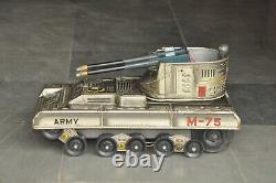 Vintage Battery M-75 ARMY Litho Double Gun Military Tank Tin Toy, Japan