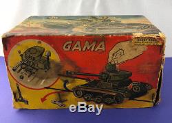 Vintage Gama Tin Wind Up Tank # 60 with Orig. Tools Sparking Gun W. Germany in Box