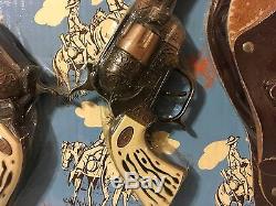 Vintage HUBLEY 44 Cal. Cap Pistols Guns with Leather Holster Legs Belt Buckle NIB