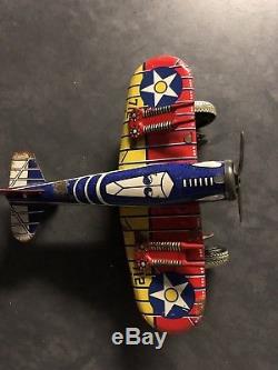 Vintage Marx Toy Tin US Army WW2 Fighter Plane with sparking guns