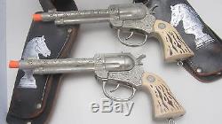 Vintage Matching Pair RESTLESS Cap Gun Pistols With Leather Belt Holster