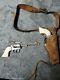 Vintage Mattel Leather Holster & Two Rodeo Pistol Cap Guns With Ivory Colored Grip