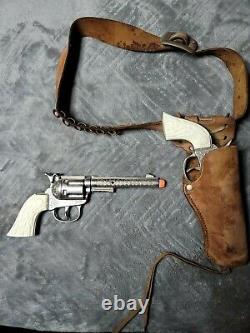 Vintage Mattel Leather Holster & Two Rodeo Pistol Cap Guns With Ivory COLORED Grip