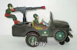 Vintage Old Rare Battery Jeep With Soldier And Gun Litho Jeep Tin Toy, Japan
