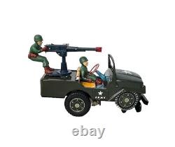 Vintage RARE Jeep w Soldier & Gun Litho Jeep Tin Toy Japan Battery Operated