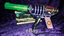 Vintage Super Space Jet Friction Power Sparking Tinplate Toy Gun, Top Condition