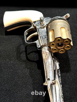 Vintage TOY HUBLEY 1959 COLT. 45 Diecast Nickel Engraved Cap Gun White Grips VGC