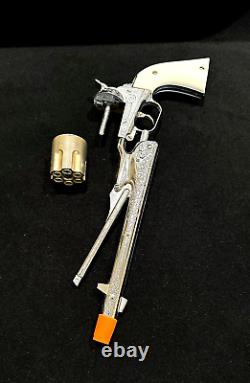 Vintage TOY HUBLEY 1959 COLT. 45 Diecast Nickel Engraved Cap Gun White Grips VGC