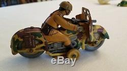 Vintage Tin Military Windup Motorcycle Mounted Gun Made in Japan