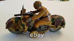 Vintage Tin Military Windup Motorcycle Mounted Gun Made in Japan