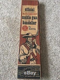 Vintage Winchester Saddle Cap Gun & Bandolier with32 Metal Bullets Pristine in Box