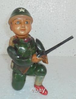 Vintage Wind Up Fine Green Celluloid Army/Military Soldier With Gun Toy, Japan