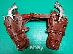 Vtg. Hubley Leather Double Jewel Studded Holster & 2 Pal 6 Toy Guns Sm. Child