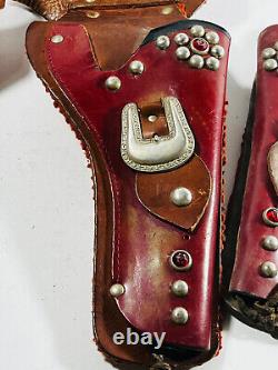 Vtg Leather Western Rodeo Cowboy Cap Gun Holster Belt will rogers red toy NICE